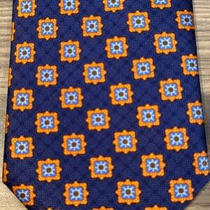Brioni Silk Handmade in Italy Bright Navy and Orange Geometric Tie NWT